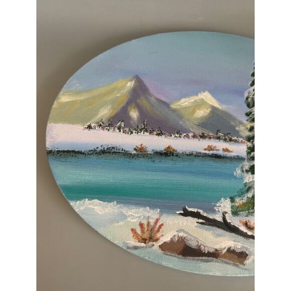 Vintage Original Painting Winter Scene Landscape Oval Unframed 14x11 Snow, Lake - Picture 3 of 6
